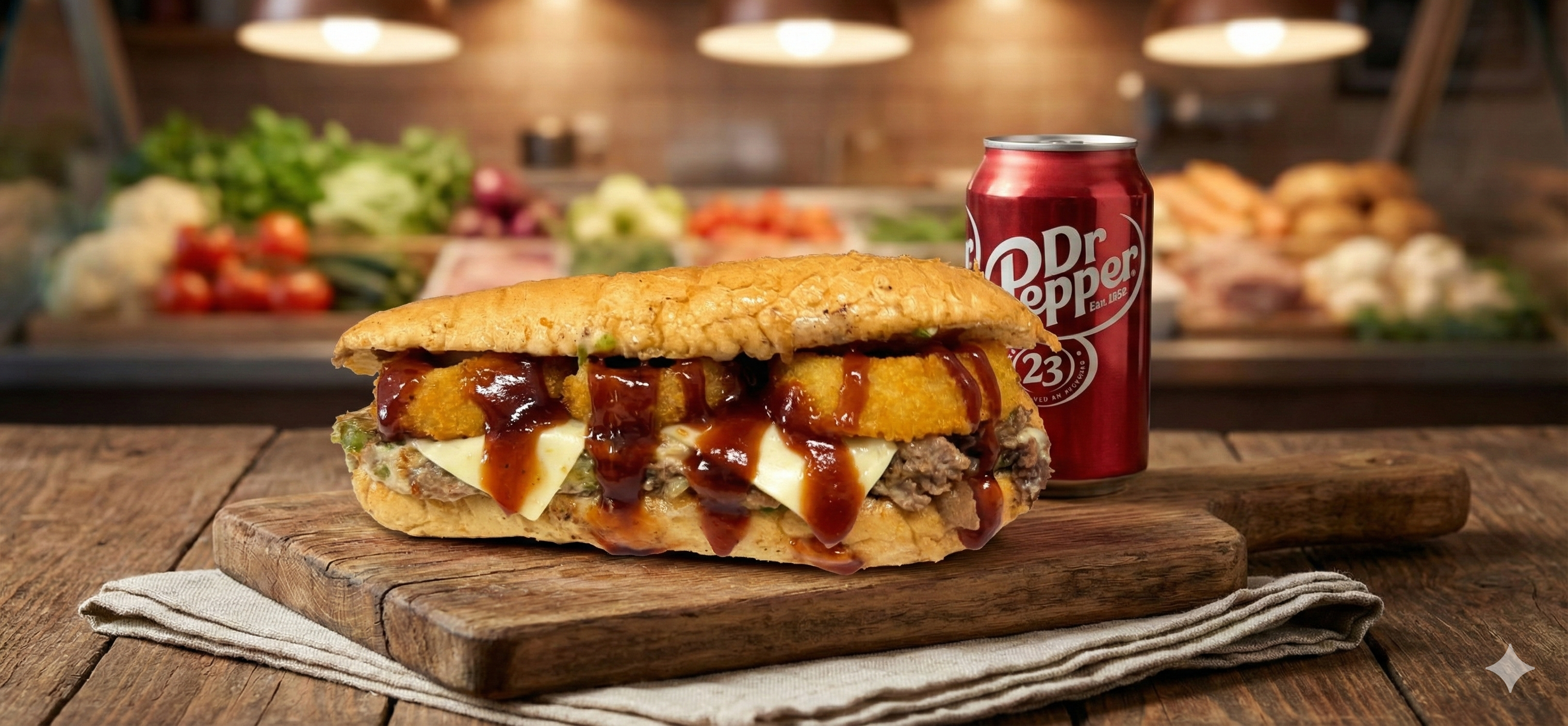 Western Cheesesteak with onion rings and BBQ